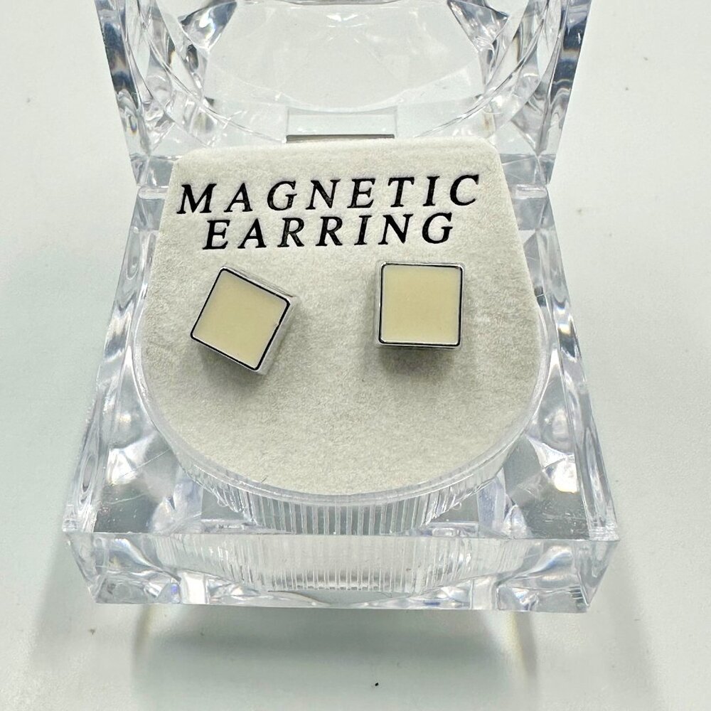 3/$30 Magnetic Square Stud Earrings Silver Cream Enamel Non Pierced Minimalist